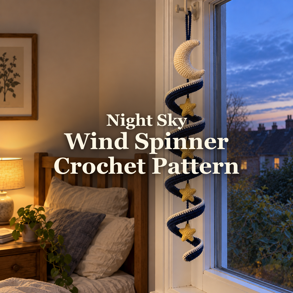Cream crescent moon and four gold stars inside a navy and cream crochet spiral hanging beside a bedroom window at dusk, with the title Night Sky Wind Spinner Crochet Pattern.