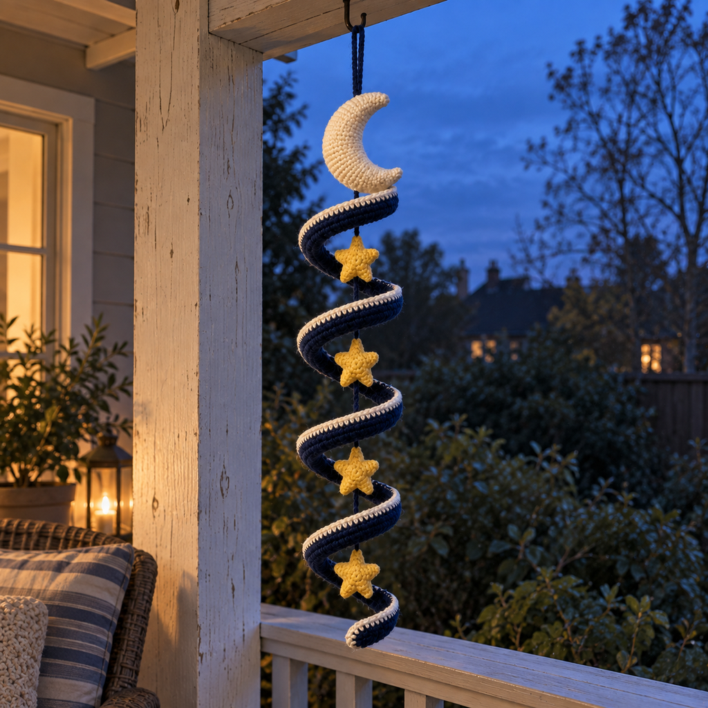 Night Sky crochet wind spinner with a cream crescent moon, four gold stars and a navy spiral edged in cream, hanging under a wooden porch at blue hour.