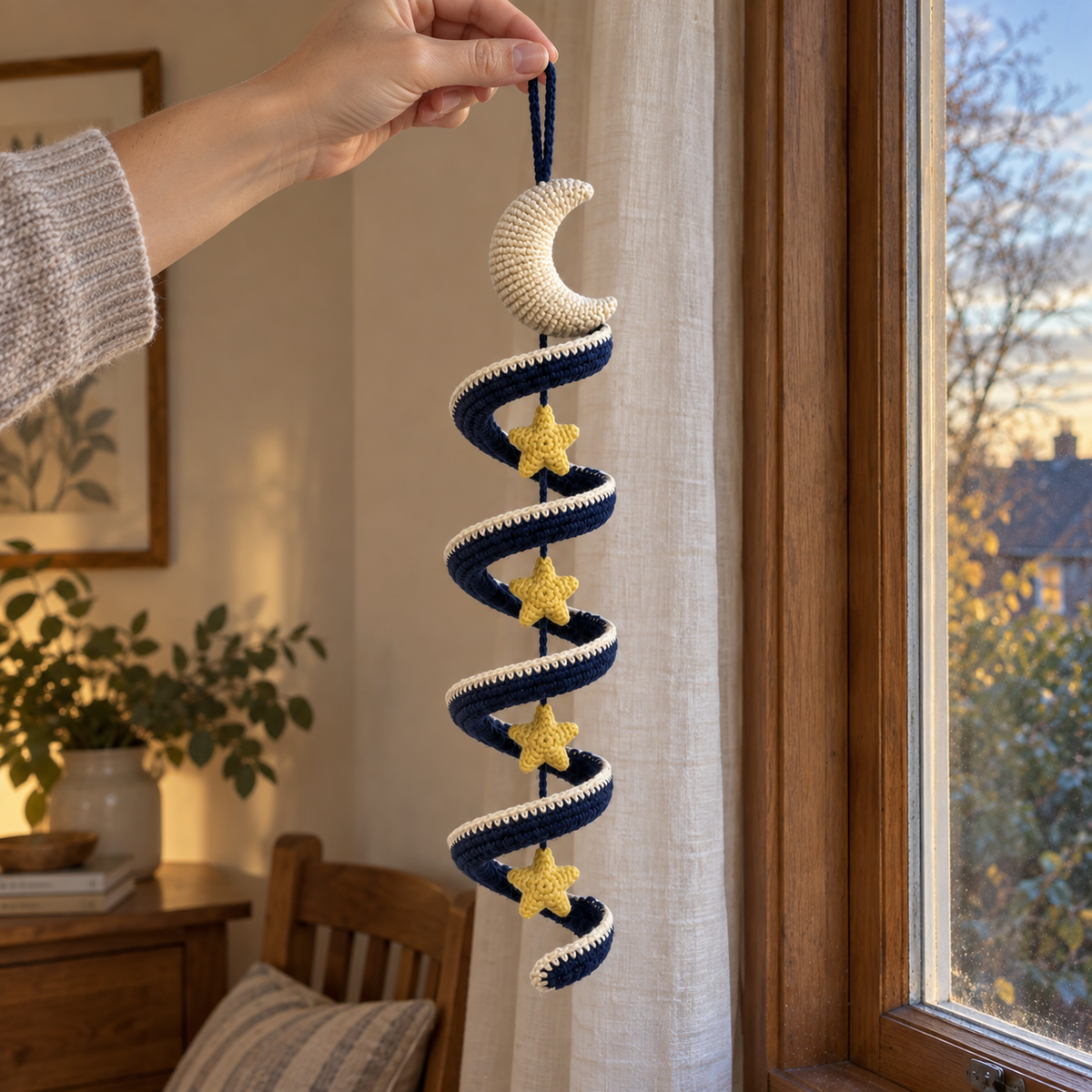 An adult hand holds the navy hanging loop of a complete Night Sky crochet wind spinner beside a home window.