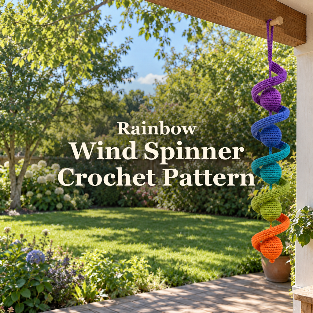 Purple, blue, teal, green and orange crochet wind spinner hanging from a wooden porch beam over a sunny garden, with the title Rainbow Wind Spinner Crochet Pattern.