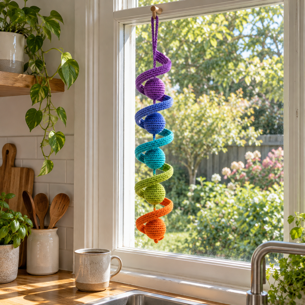 Rainbow crochet wind spinner hanging in a bright kitchen window above a wooden counter beside a ceramic mug and leafy plants.