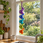 Rainbow crochet wind spinner hanging in a bright kitchen window above a wooden counter beside a ceramic mug and leafy plants.