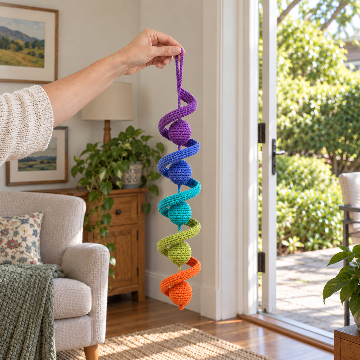 An adult hand holding a rainbow crochet wind spinner by its purple loop beside an open garden door, with the whole spinner visible.