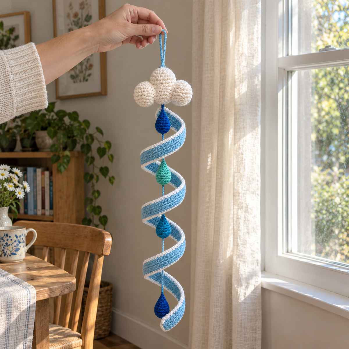 An adult hand holds the blue yarn loop of a white cloud crochet wind spinner, with the full blue spiral and blue and teal raindrops visible beside a home window.
