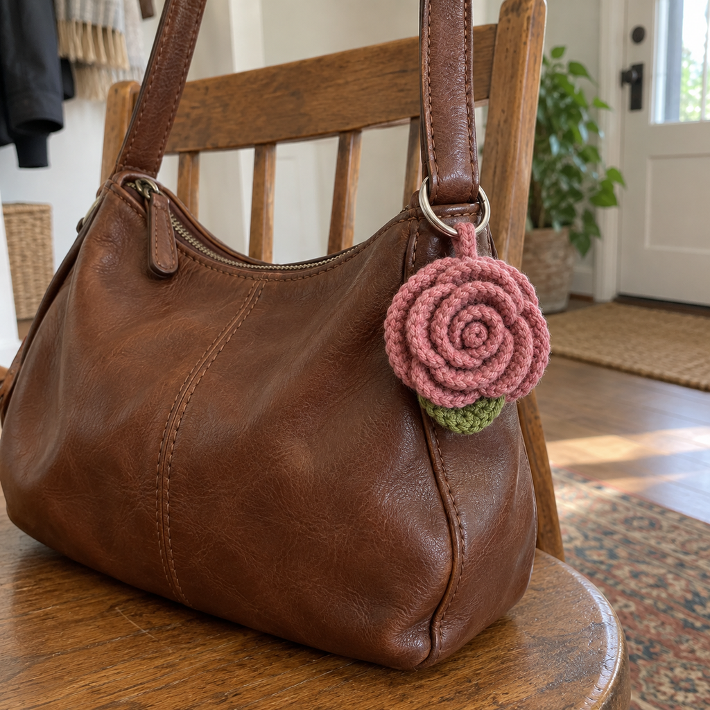 A pink crochet rose keychain with one green leaf hangs from the strap of a brown leather handbag resting on a wooden chair.
