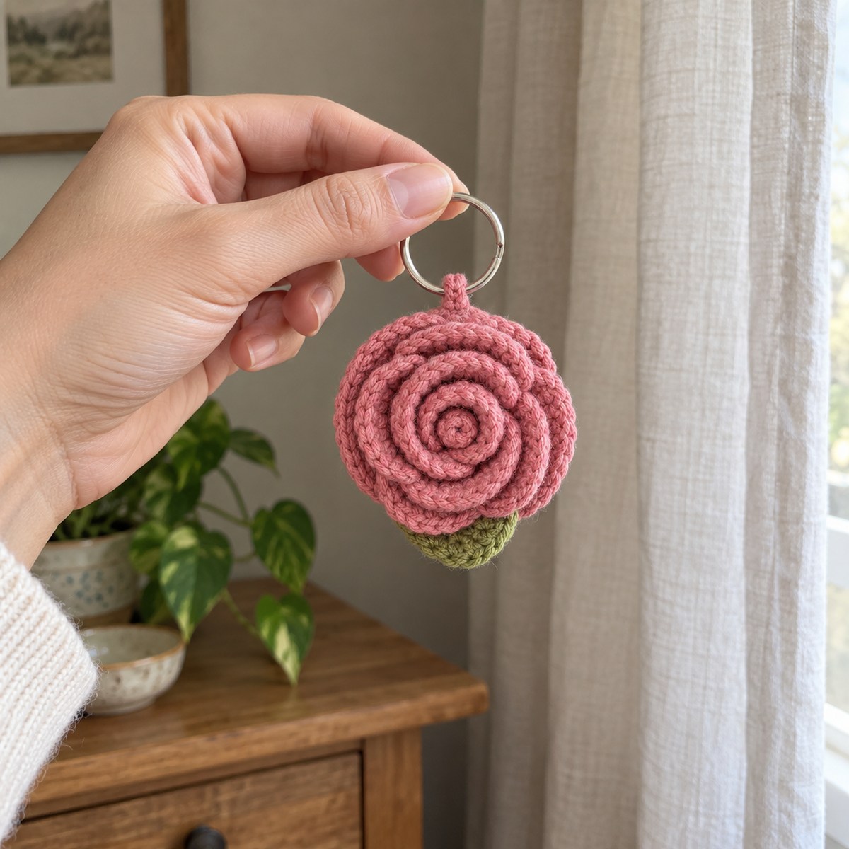 An adult hand holds a small pink crochet rose keychain by its silver ring beside a window, with one green leaf below the rose.