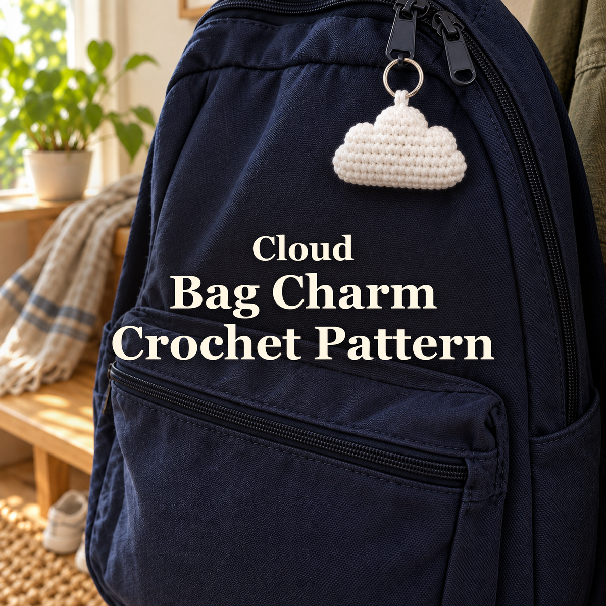 White crocheted cloud bag charm hanging from a navy backpack zipper in a sunlit home entryway, with the title Cloud Bag Charm Crochet Pattern.