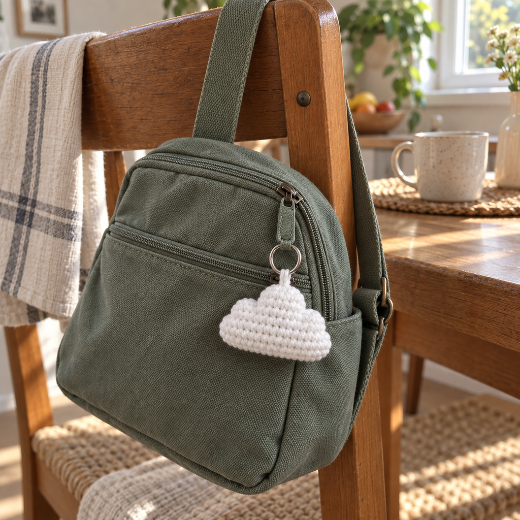 White crocheted cloud bag charm hanging from a sage canvas bag on a wooden kitchen chair beside a table and ceramic mug.