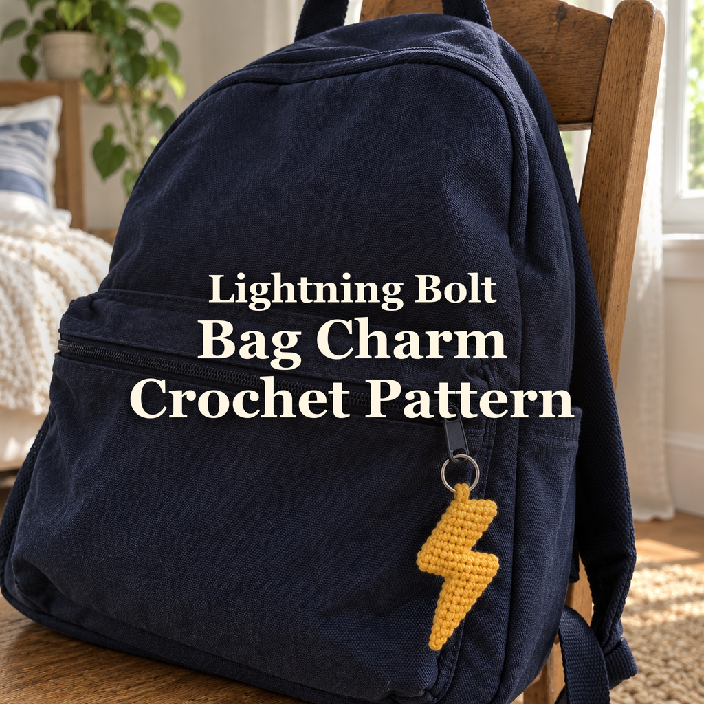 Amber crochet lightning bolt hanging from the front pocket zipper of a navy backpack on a wooden chair beside a bedroom window.