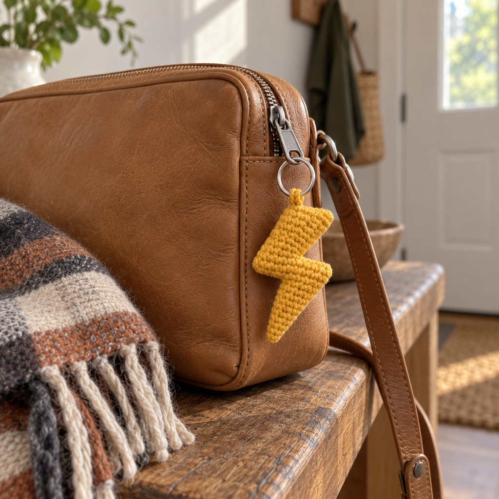 Amber crochet lightning bolt attached to the zipper of a tan leather crossbody bag on a wooden entryway bench beside a folded scarf.