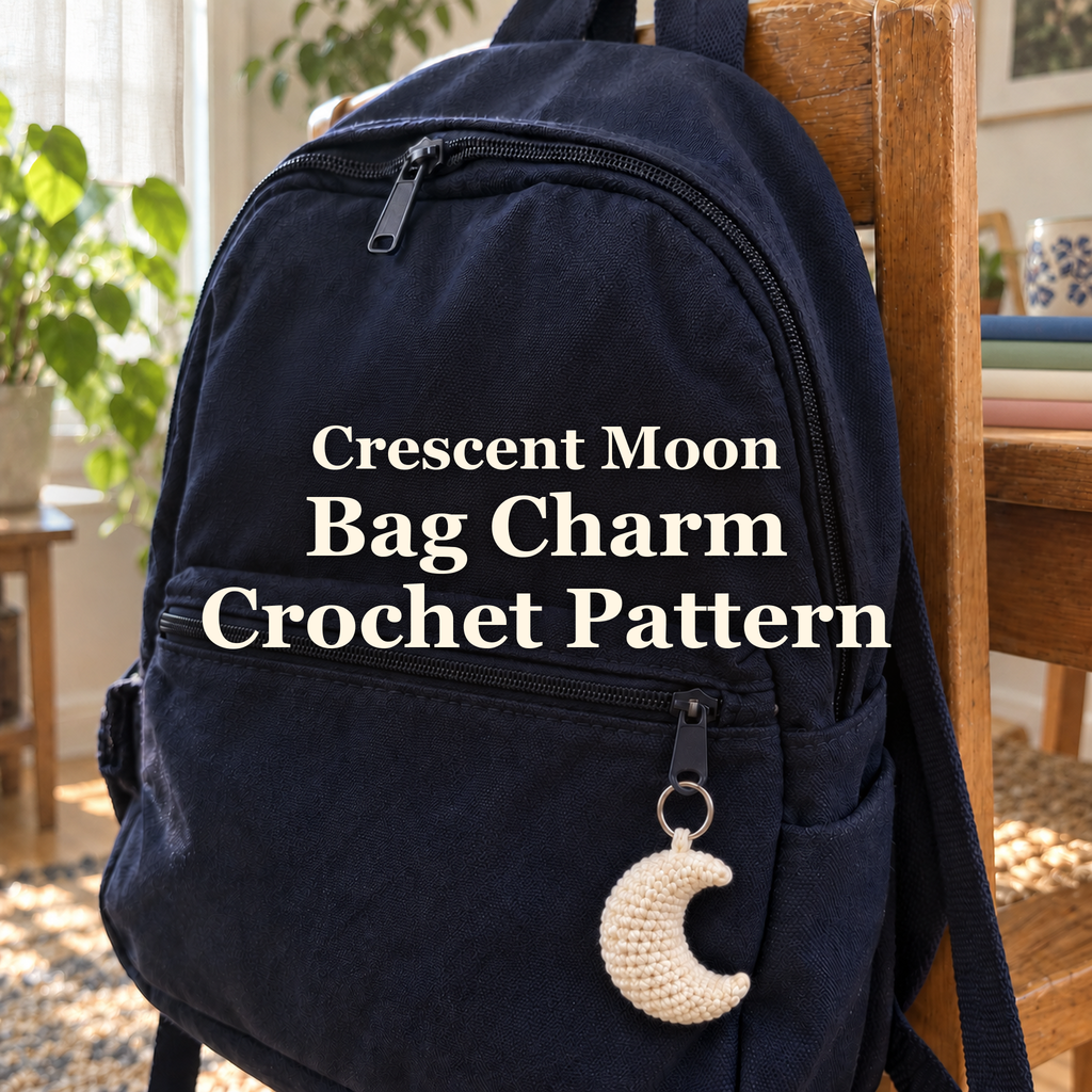 Cream crocheted crescent moon charm hanging from a navy backpack zipper on a wooden chair, with the product title across the bag.