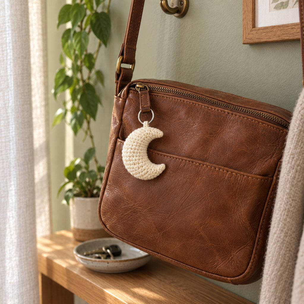 Cream crocheted crescent moon charm attached by a silver ring to a brown leather crossbody bag zipper in a home entryway.