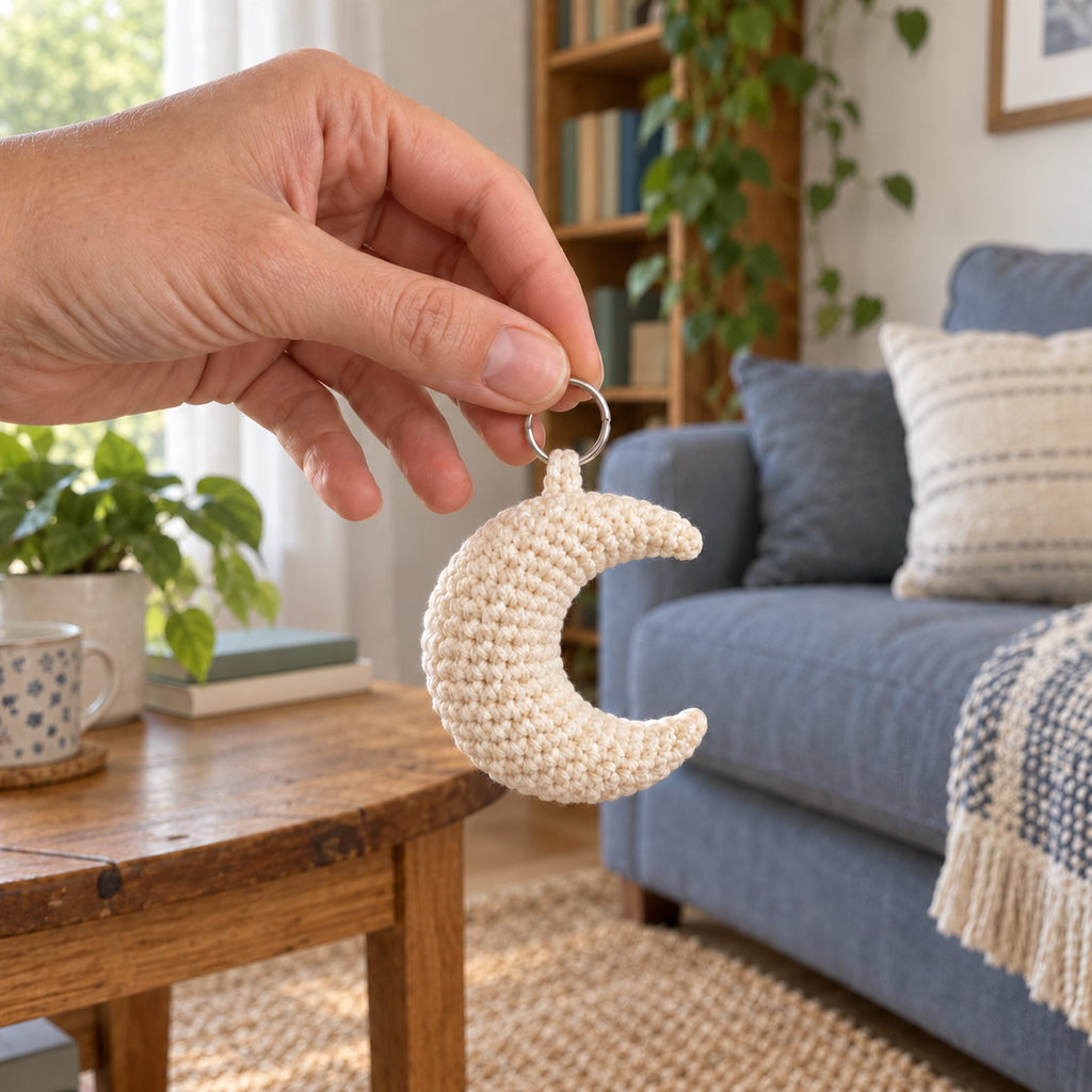 An adult hand holding a cream crocheted crescent moon charm by its small silver ring above a wooden side table.