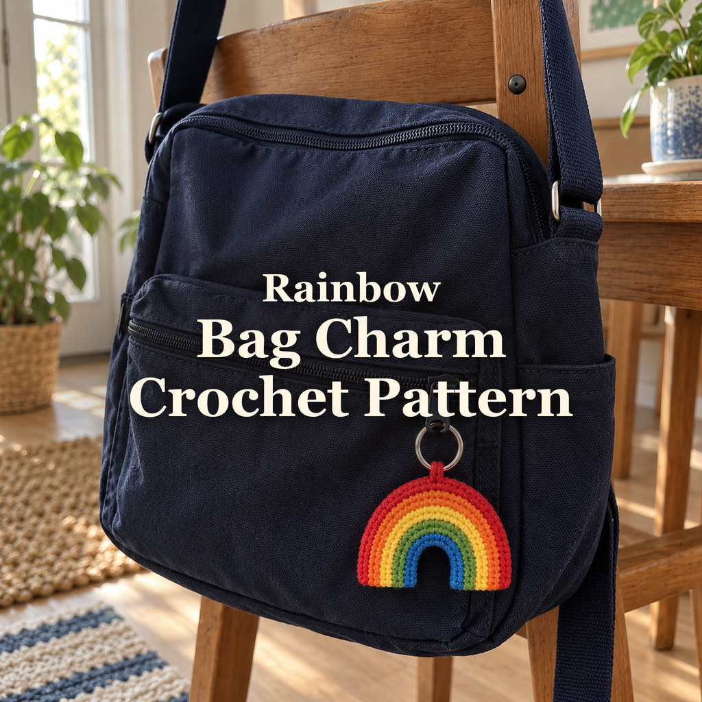 A red, orange, yellow, green and blue crochet rainbow hangs from the front zipper of a navy canvas bag on a wooden chair beside a window, beneath the title Rainbow Bag Charm Crochet Pattern.