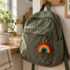 A crochet rainbow charm hangs from the front zipper of an olive canvas backpack on a wooden peg in a sunlit kitchen, beside a mug and linen towel.