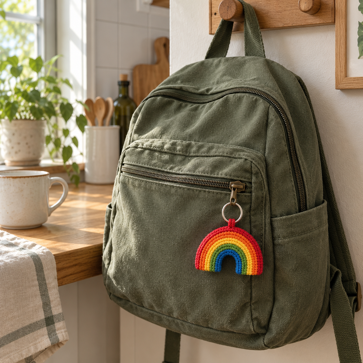 A crochet rainbow charm hangs from the front zipper of an olive canvas backpack on a wooden peg in a sunlit kitchen, beside a mug and linen towel.