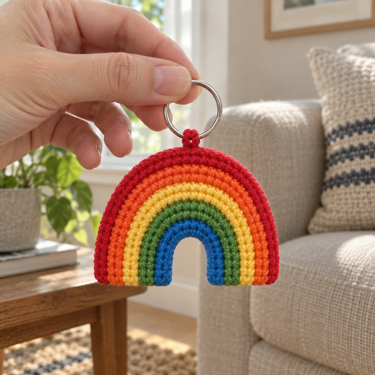 An adult hand holds the silver ring of a small five-colour crochet rainbow, letting the charm hang freely in front of a linen sofa.