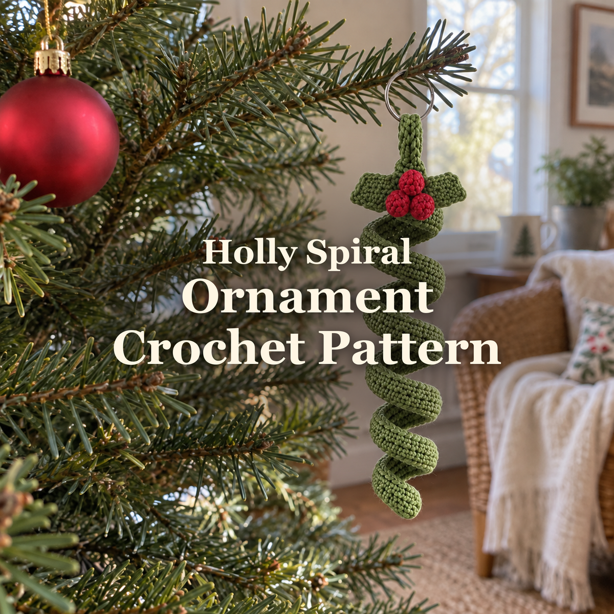 Green holly spiral crochet ornament with two green leaves and three red berries hanging on a Christmas tree beside a red bauble, with the title Holly Spiral Ornament Crochet Pattern.