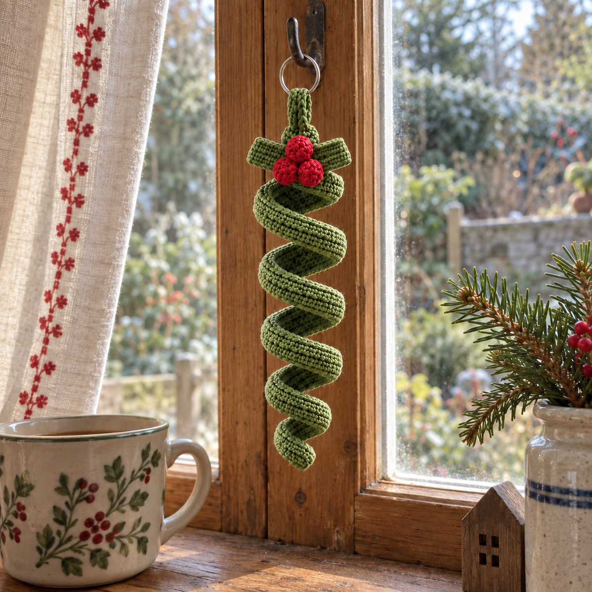 Green holly spiral crochet ornament hanging from a hook on a wooden window frame above a mug and a jar of evergreen sprigs.