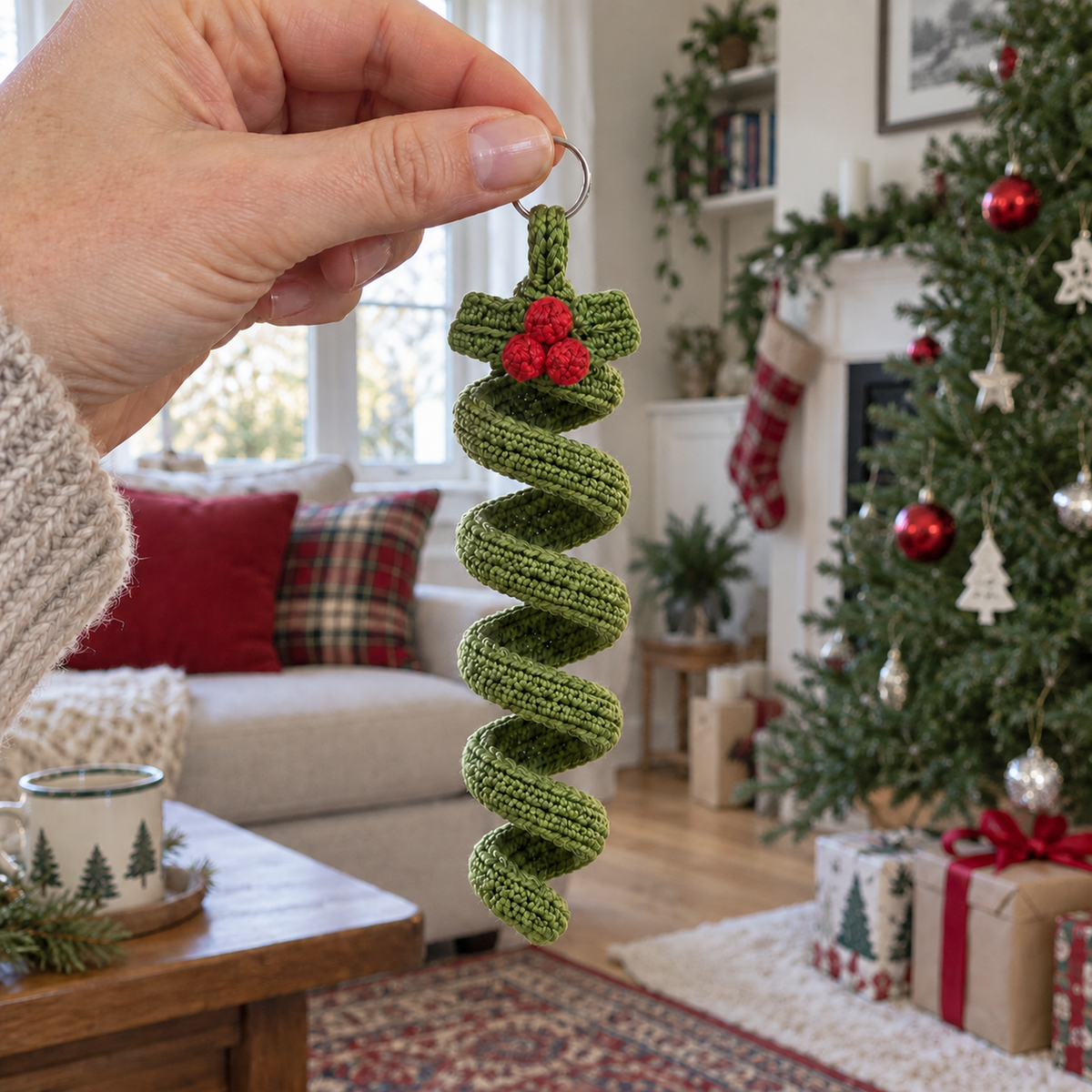 An adult hand holding a green holly spiral crochet ornament by its small silver ring, with two green leaves and three red berries above the curl.