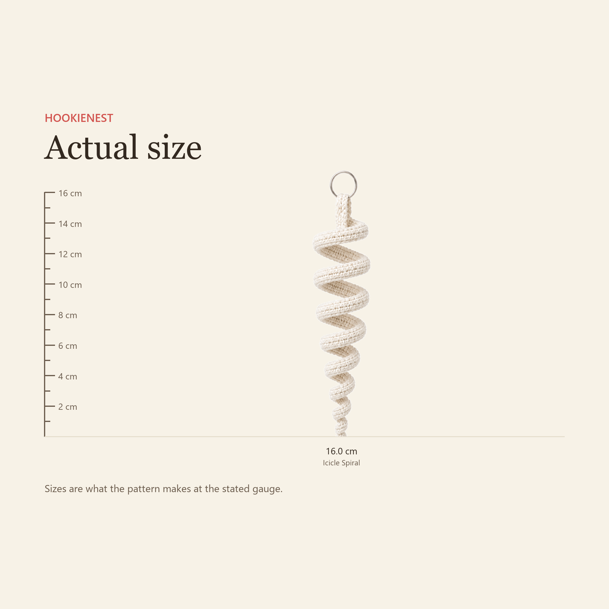 Icicle Spiral shown next to a ruler, 16 cm