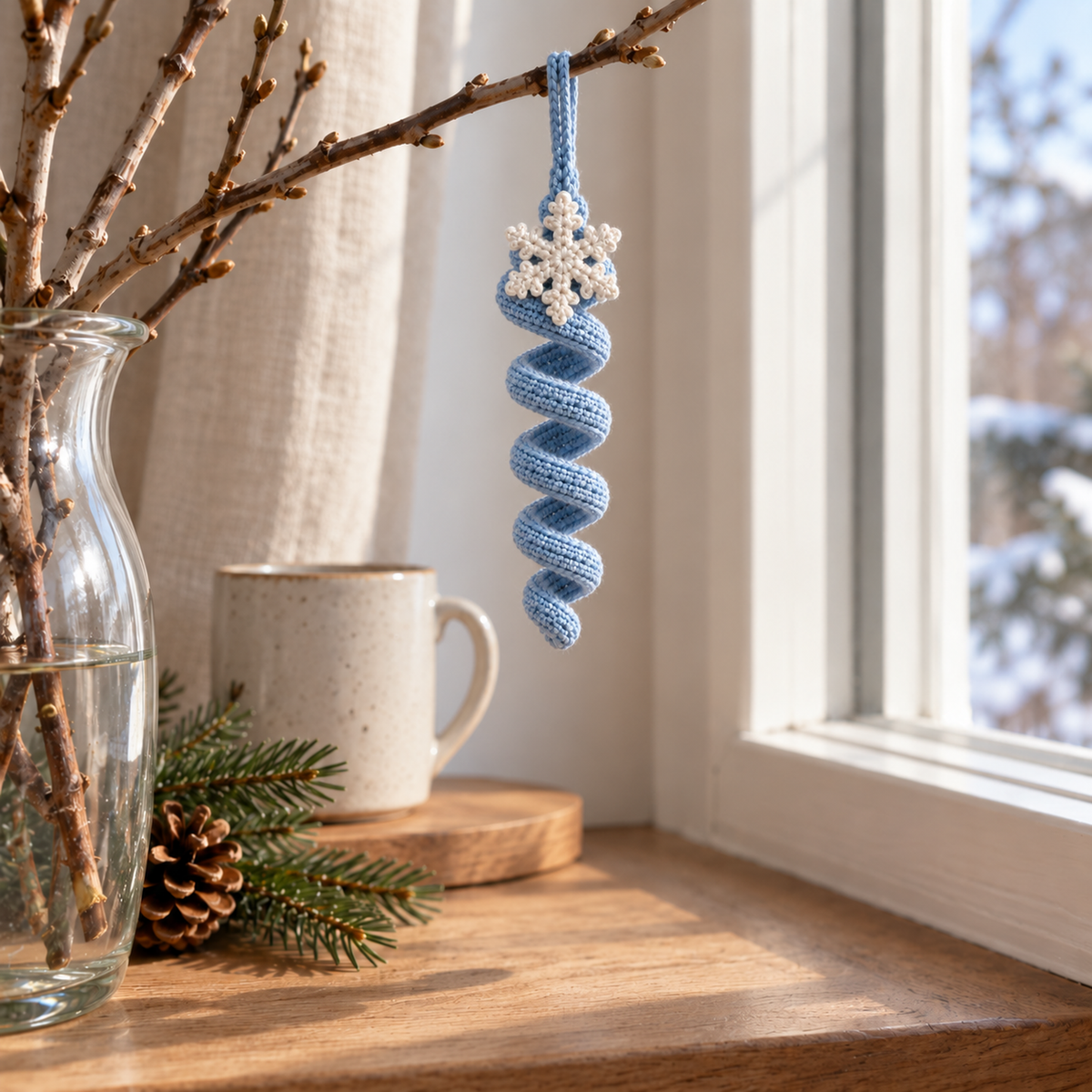 Ice-blue crochet spiral ornament with an off-white snowflake topper hanging from a twig by a window, beside a glass vase and ceramic mug.