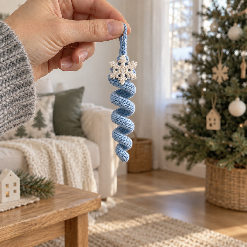 An adult hand holding an ice-blue crochet spiral ornament by its yarn loop in a Christmas living room.