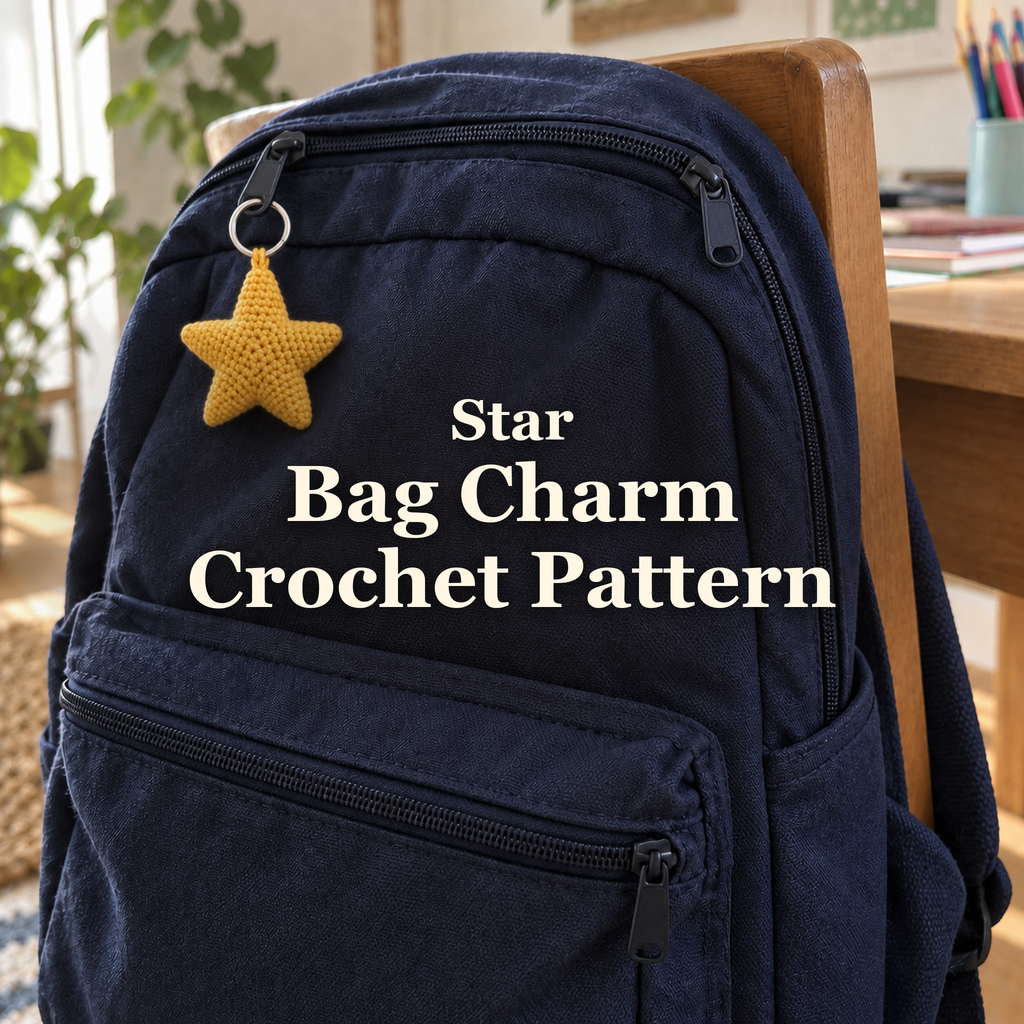 A yellow crochet star charm hangs from the upper zipper of a navy school backpack on a wooden chair, with the title Star Bag Charm Crochet Pattern.