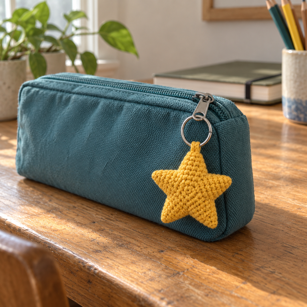 A yellow crochet star charm hangs from the zipper of a teal pencil case on a wooden desk beside a notebook and pencils.