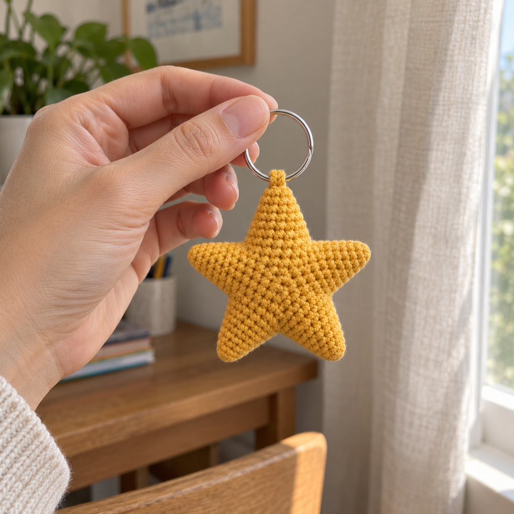 An adult hand holds a small yellow crochet star charm by its silver keyring beside a window.