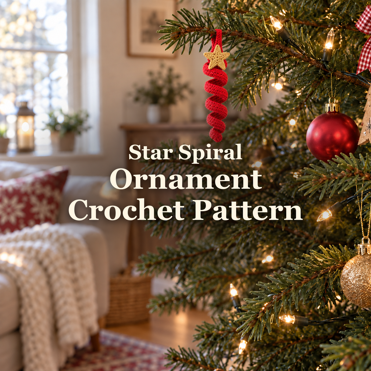 Red crochet spiral ornament with a gold crochet star hanging from a lit Christmas tree in a living room, with the title Star Spiral Ornament Crochet Pattern.