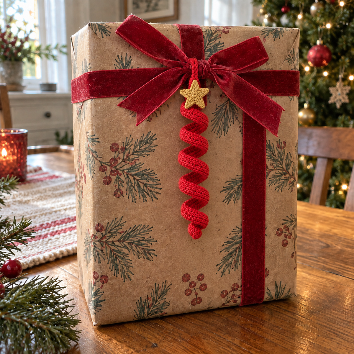 Red crochet spiral ornament with a gold crochet star hanging from the red bow of a wrapped Christmas gift on a wooden table.