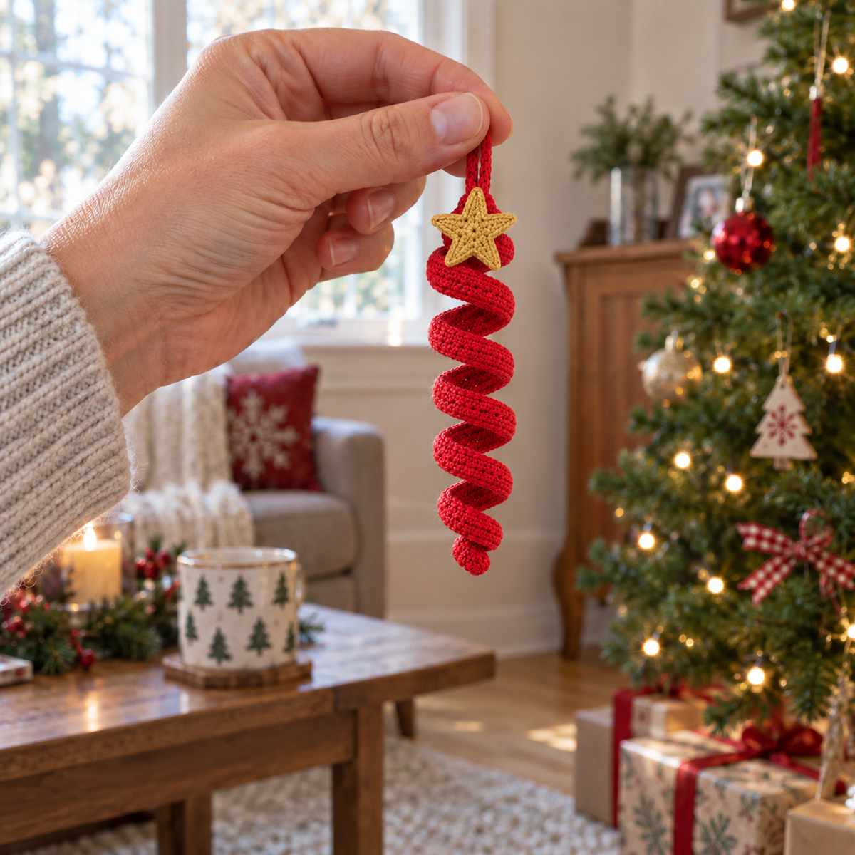 An adult hand holding a red crochet spiral ornament with a gold crochet star by its red yarn loop in a living room.