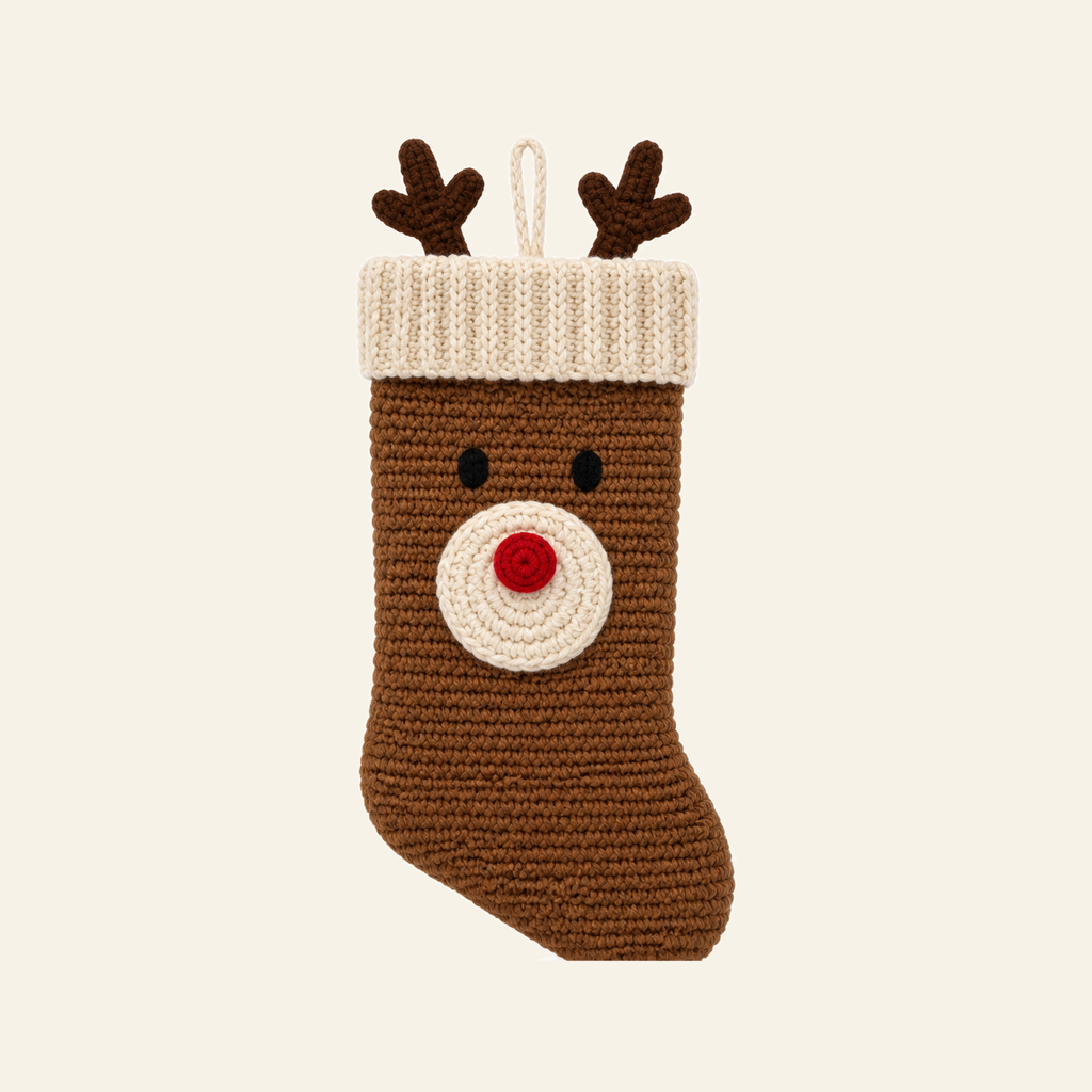 Brown crochet Reindeer Christmas stocking, 43 cm long, with a cream ribbed cuff, red nose and flat antlers
