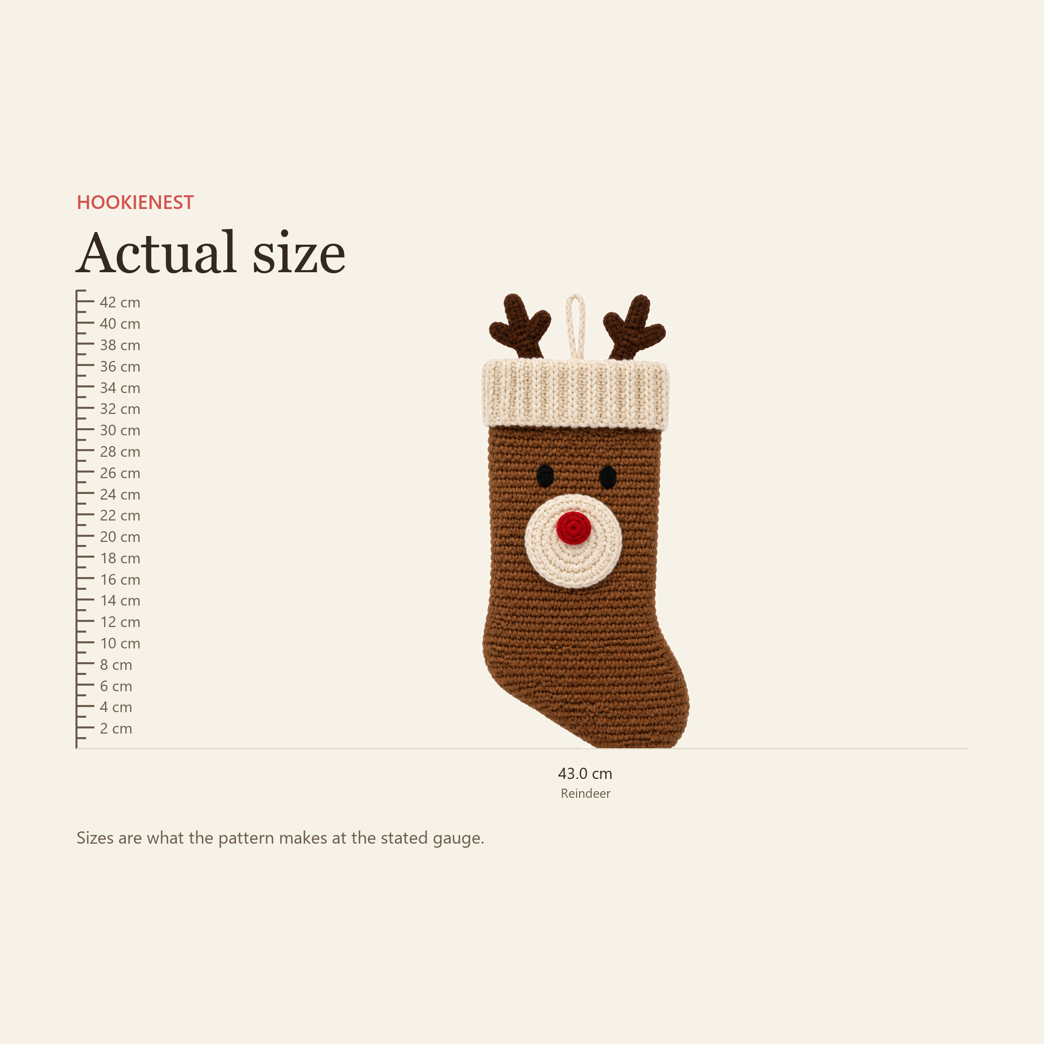 Size chart showing the crochet Reindeer stocking measures 43.0 cm