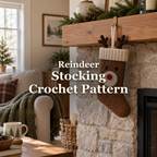 Brown crochet reindeer stocking with a cream cuff, cream muzzle, red nose and brown antlers hanging from a wooden mantel in a Christmas living room, with the title Reindeer Stocking Crochet Pattern.