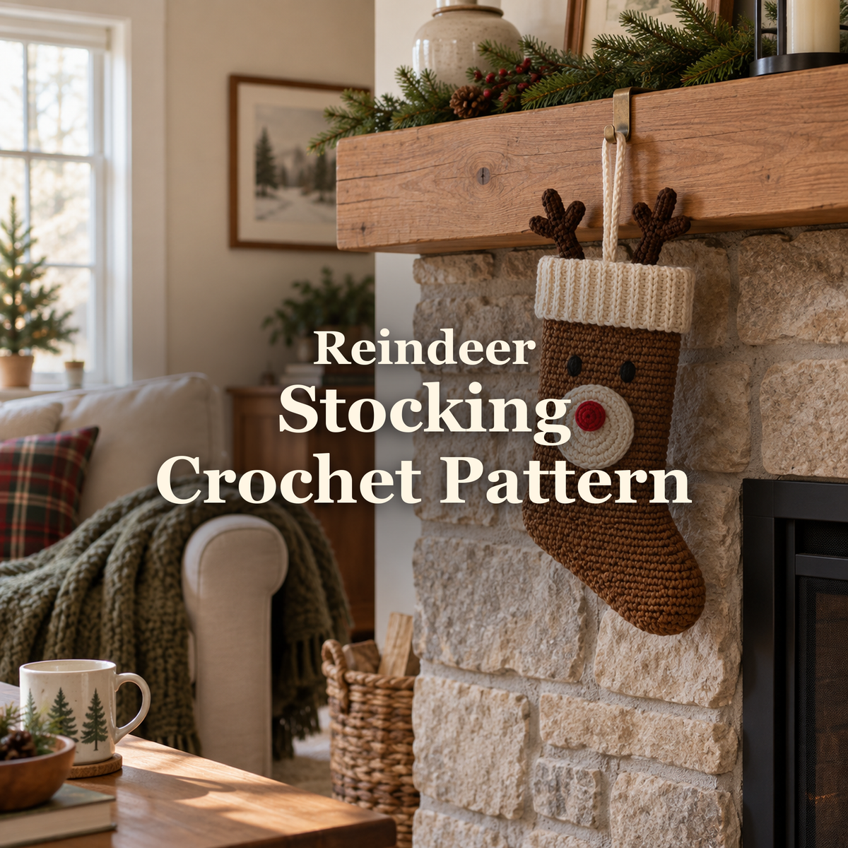 Brown crochet reindeer stocking with a cream cuff, cream muzzle, red nose and brown antlers hanging from a wooden mantel in a Christmas living room, with the title Reindeer Stocking Crochet Pattern.