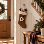 Brown crochet reindeer stocking holding two small wrapped gifts and hanging by its cream loop from a wooden peg beside a hallway bench and staircase.