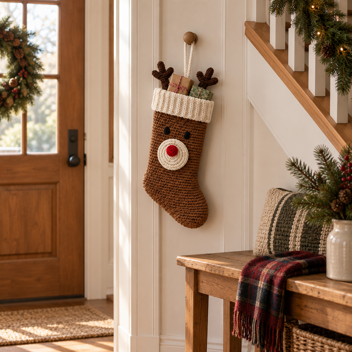 Brown crochet reindeer stocking holding two small wrapped gifts and hanging by its cream loop from a wooden peg beside a hallway bench and staircase.
