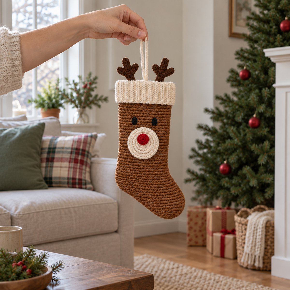 An adult hand holding a brown crochet reindeer stocking by its cream hanging loop in a living room beside a sofa and an unlit Christmas tree.