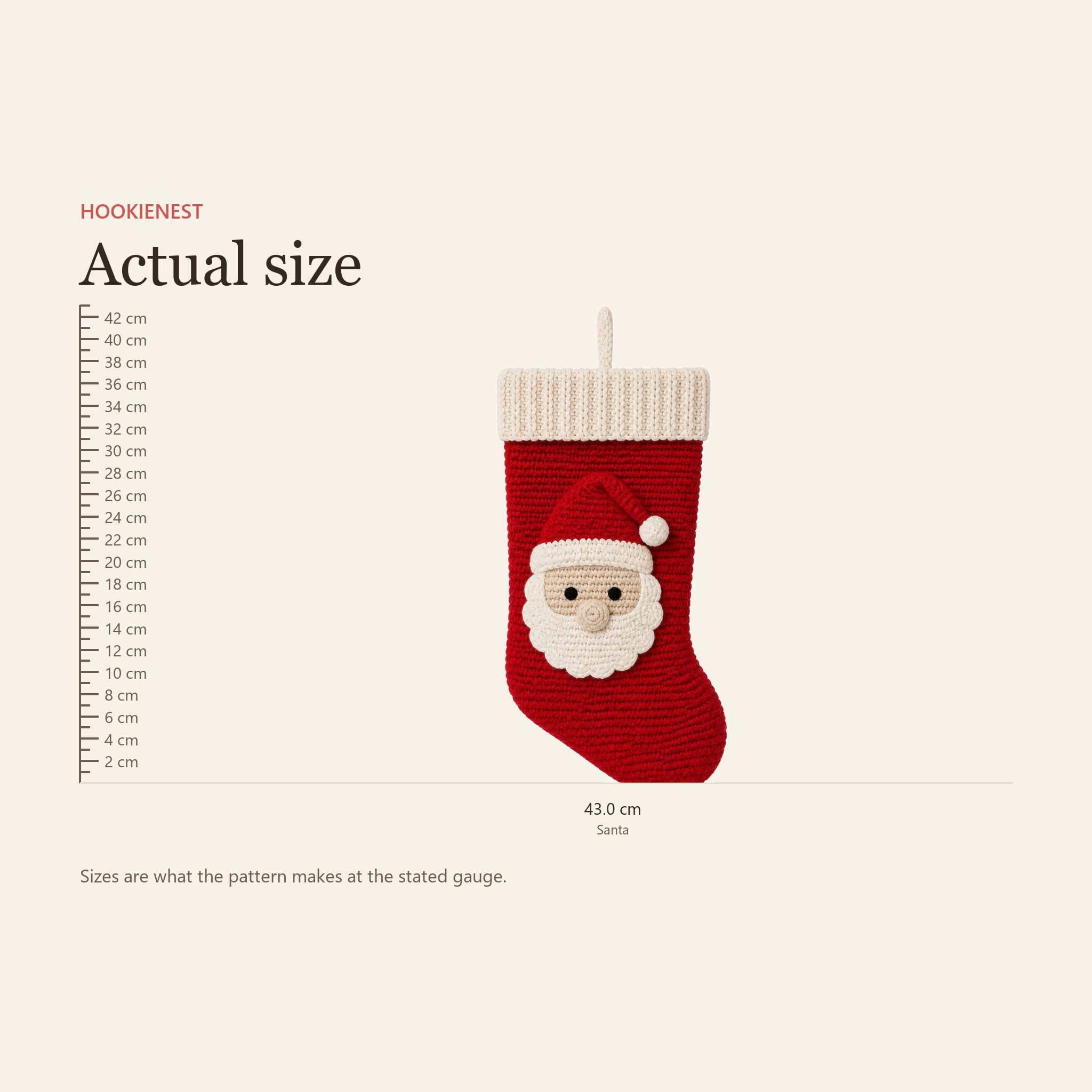 Size chart showing the crochet Santa stocking measures 43.0 cm