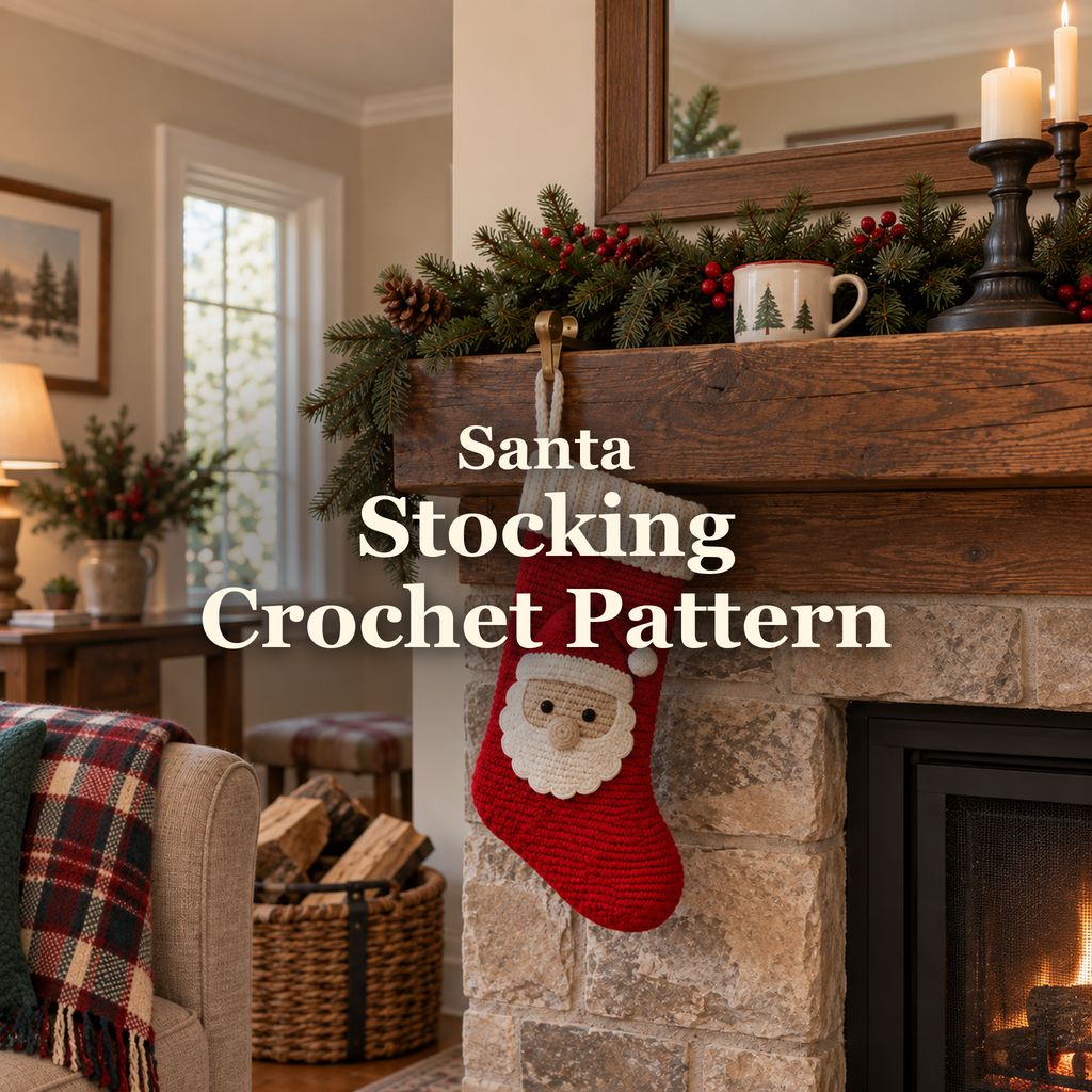 Red crochet Santa stocking with an ivory cuff hanging from an oak mantel beneath Christmas greenery, with the title Santa Stocking Crochet Pattern.
