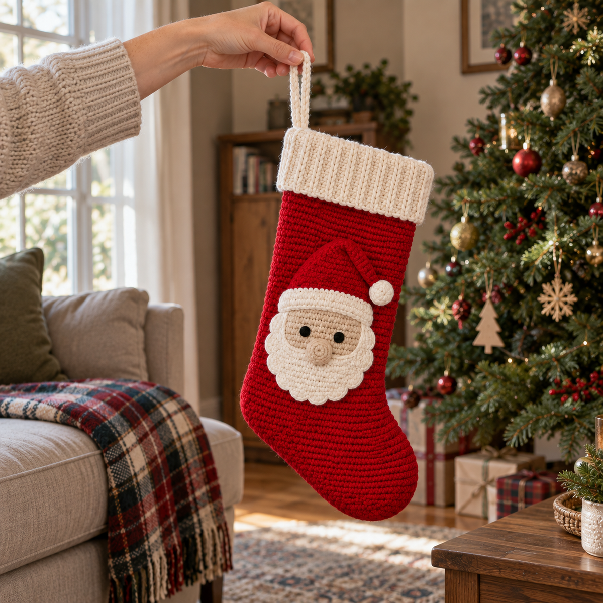 An adult hand holding the ivory yarn loop of a red crochet Santa stocking in a living room beside a Christmas tree.