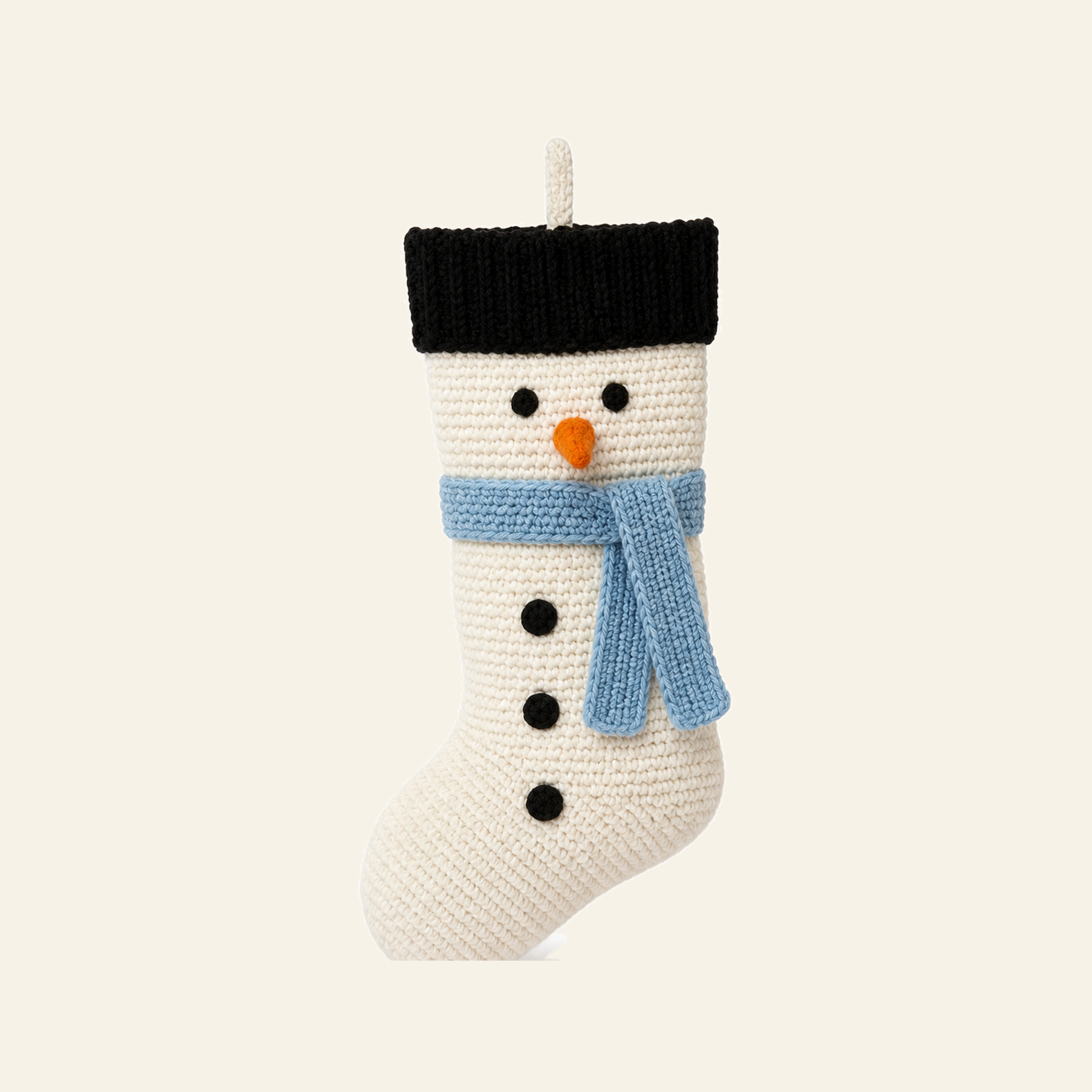 Ivory crochet Snowman Christmas stocking, 43 cm long, with a black ribbed cuff, carrot nose and blue scarf