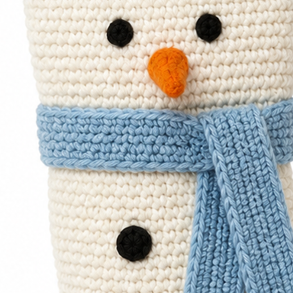 Close-up of the single crochet stitch texture on the Snowman stocking face