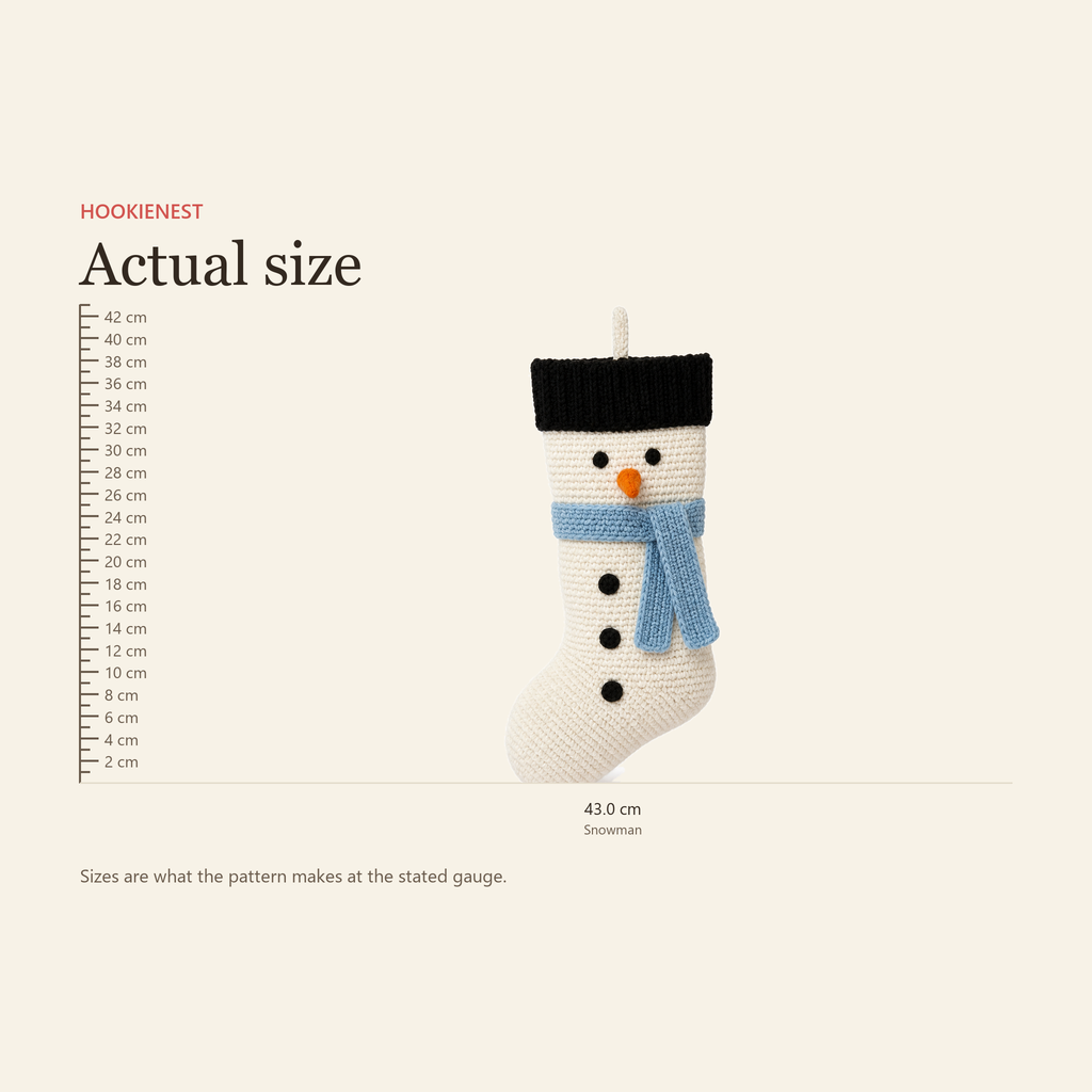 Size chart showing the crochet Snowman stocking measures 43.0 cm