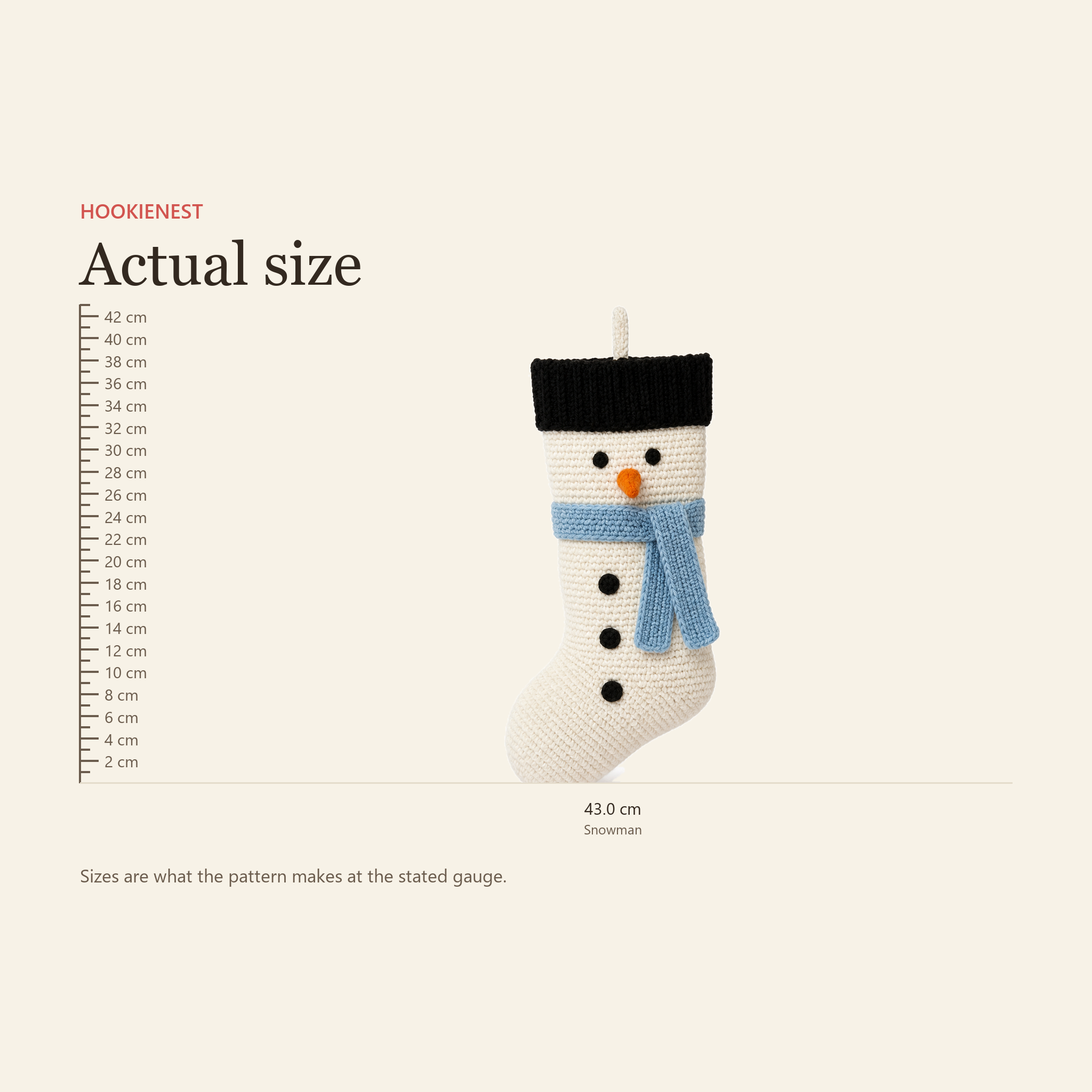 Size chart showing the crochet Snowman stocking measures 43.0 cm