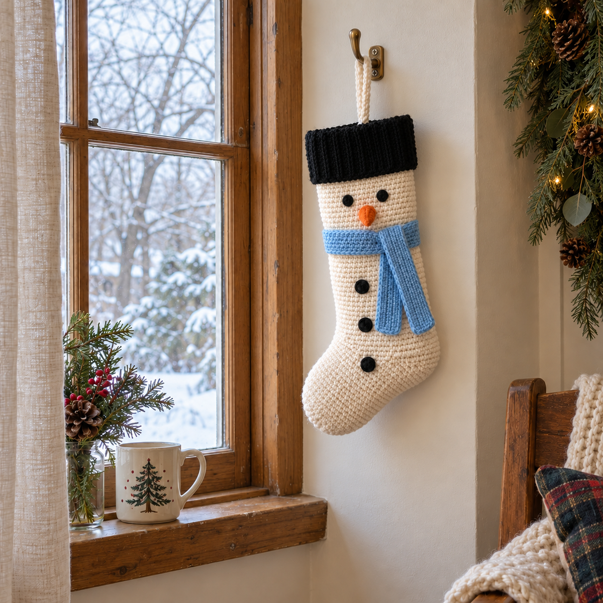 Snowman crochet stocking hanging beside a wooden-framed winter window, with a ceramic mug and Christmas greenery on the sill.