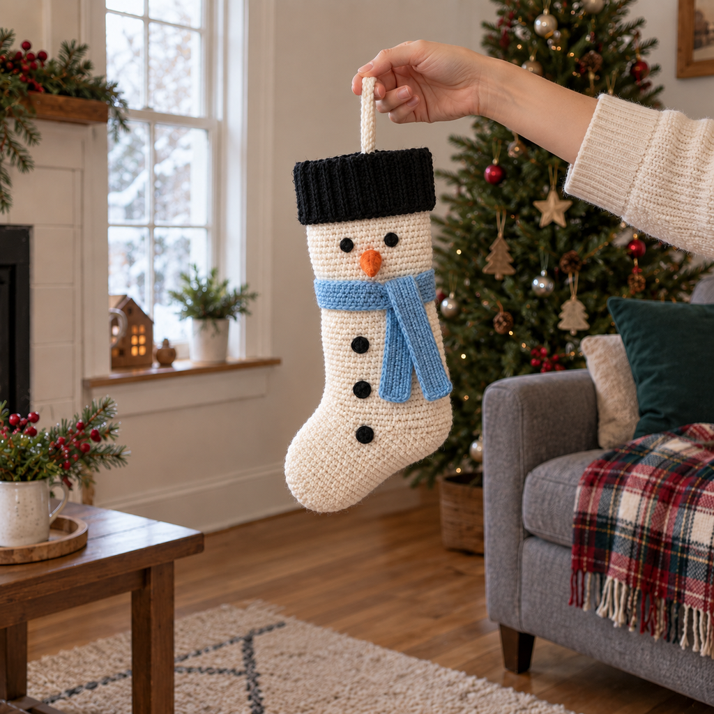 An adult hand holding an ivory snowman crochet stocking by its hanging loop in a Christmas living room.