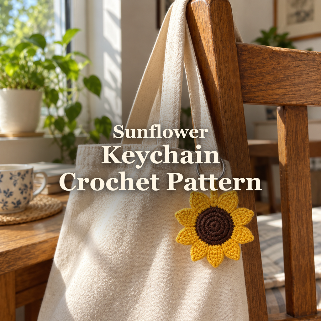 Golden-yellow crochet sunflower keychain with a dark-brown centre hanging from a canvas tote strap in sunlight, with the title Sunflower Keychain Crochet Pattern.